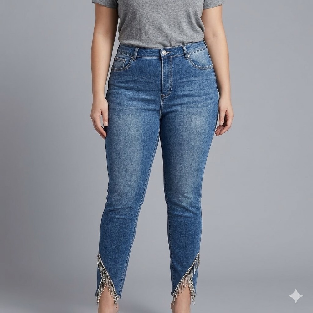 Akira Flex-Fit Ankle Jeans Rhinestone Fringe V-Hem Curvy Stretch Blue 17